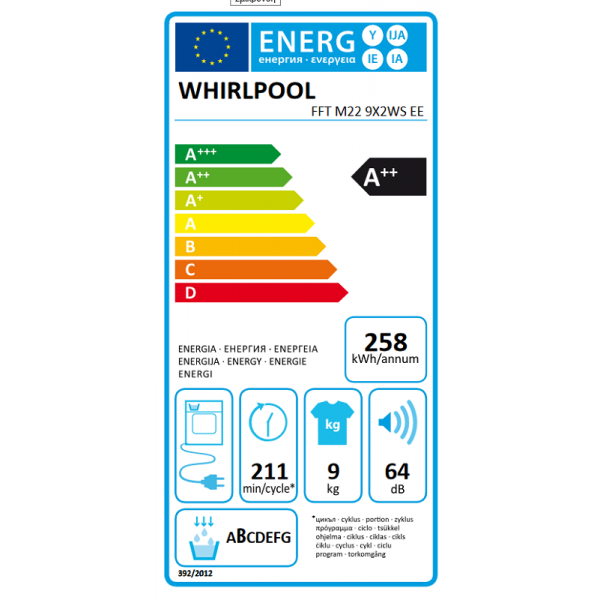 Whirlpool FFT M22 9X2WS EE Στεγνωτήριο 9kg A++ με Αντλία Θερμότητας
